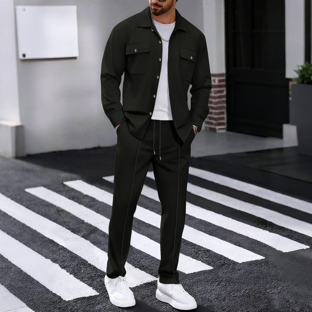 Men's Double-Pocket Waffle Two-Piece Set: Long-Sleeved Shirt and Pants for Autumn