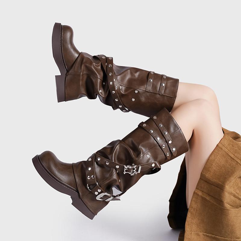 Fashion Autumn Winter Vintage Rivet Belt Buckle Women Punk Motorcycle Boots Fashion Square Heeled Knee-high Knight Tube Long Booties