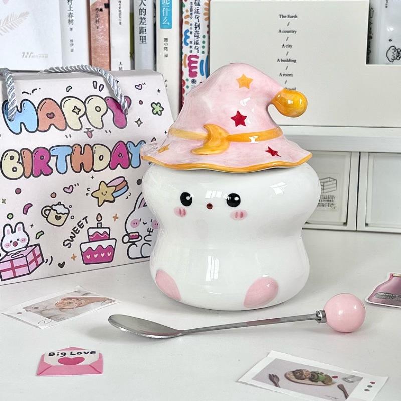 Cute ghost mug with lid spoon high value girl birthday gift office ceramic water cup souvenir