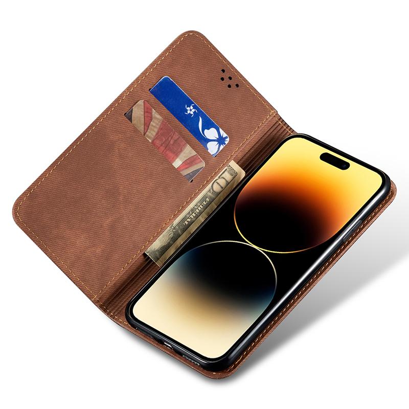 For iPhone 16 Case Jeans Cloth Texture Anti-Scratch Leather Stand Phone Cover