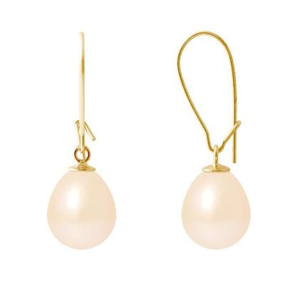 Earrings - - Genuine Freshwater Pearls 9-10 Mm - Yellow Gold - Natural Pink - AAA+