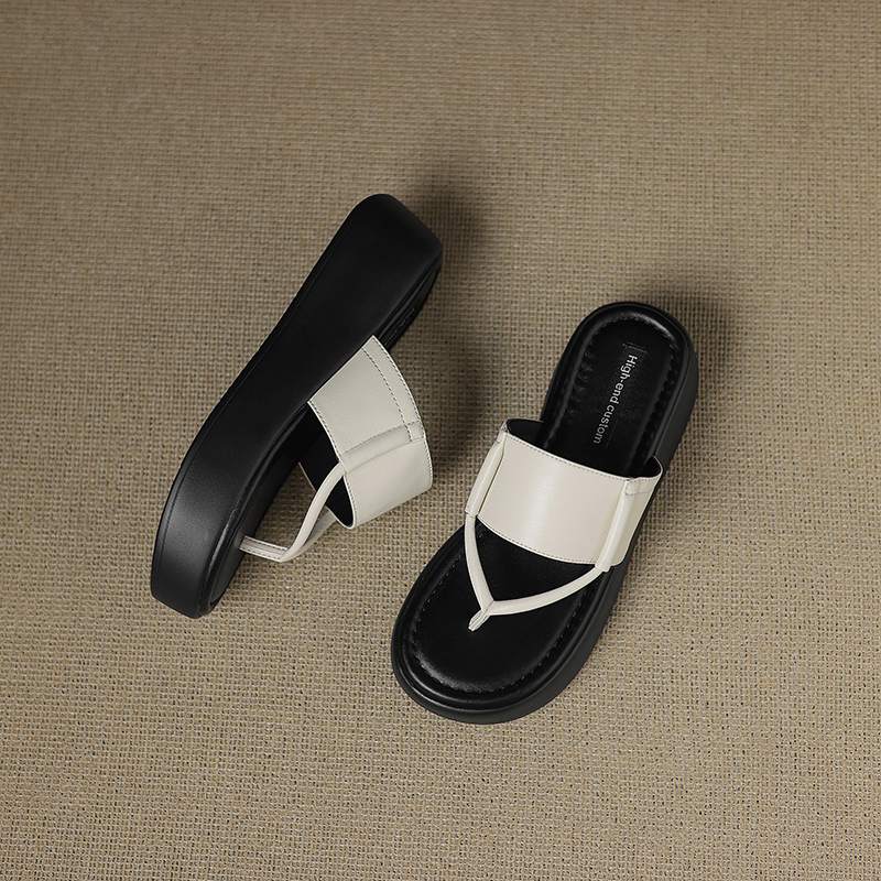 

Krazing Pot Cow Skin Summer Size 40 European Design Thick Bottom Flat Platform Women Flip Flops Sandals 34 слонова кістка