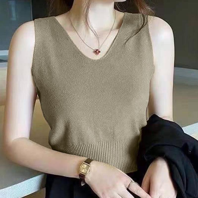 French Solid Color V-Neck Sleeveless Simple Casual Knitted Vest For Women