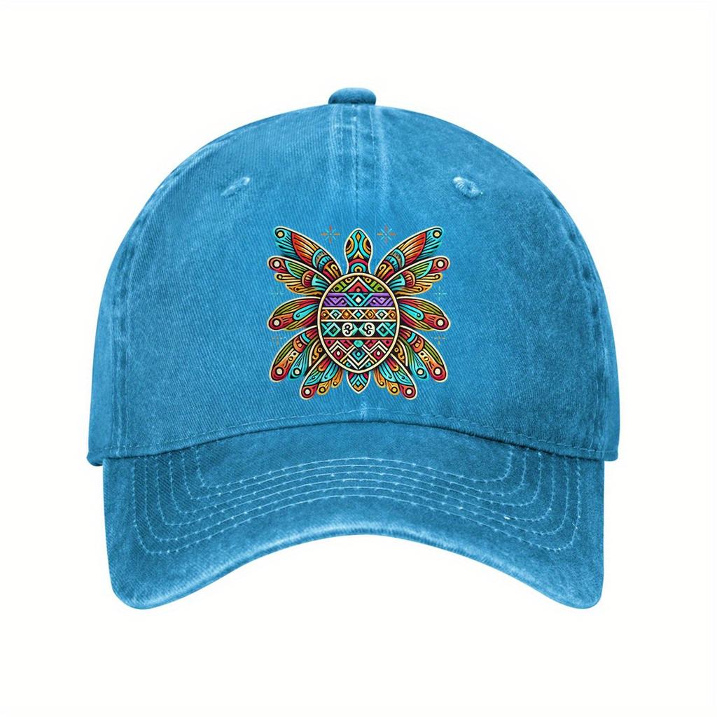 Colorful Tribal Turtle Baseball Cap Washed Denim Dad Hat Adjustable Outdoor Sun Protection Unisex