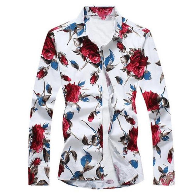 

Slim Fit Long Sleeve Turn Down Collar Shirt Plus Size Mens Flower Print Top M 3