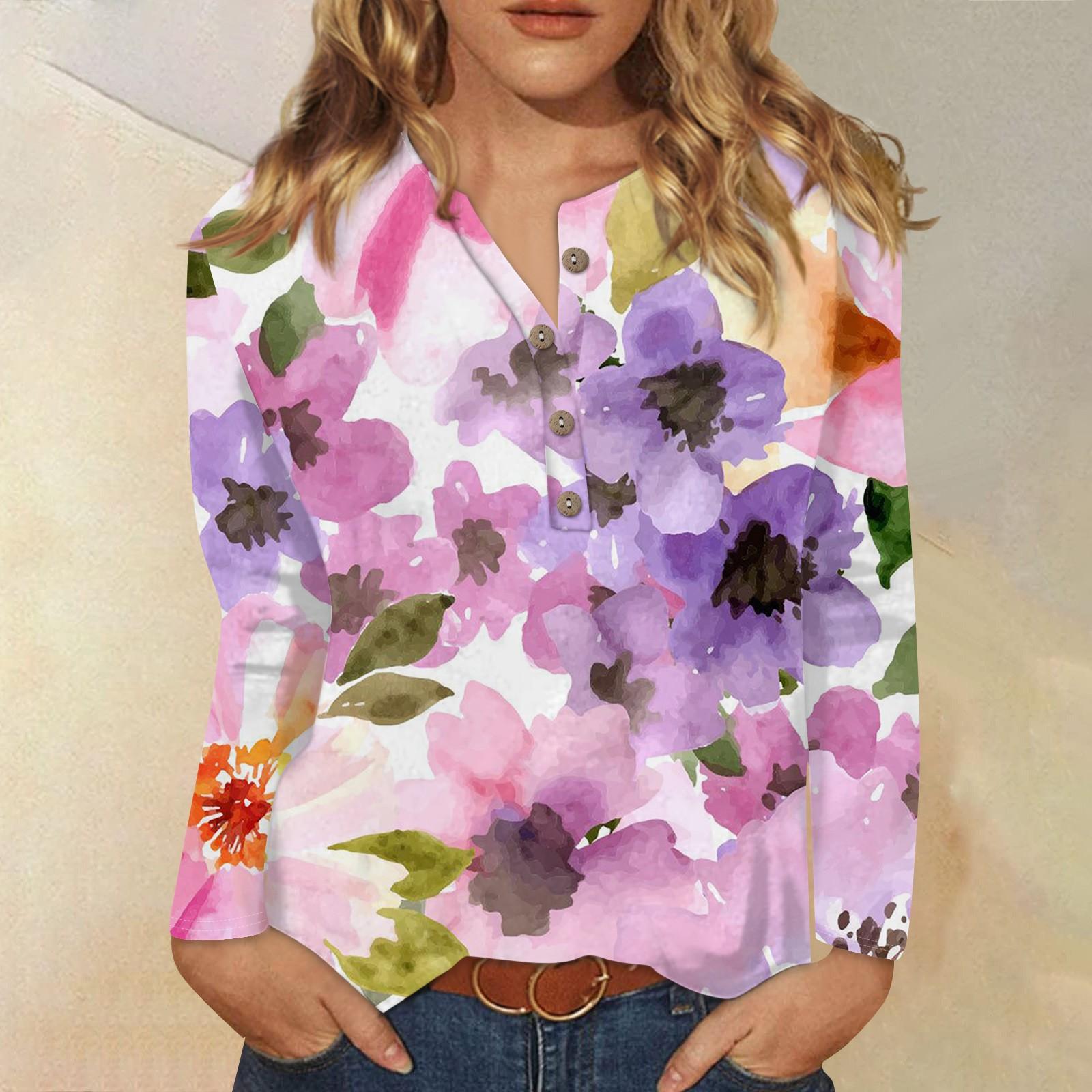 Women s Fashion Casual Long Sleeved Printed Button Round Neck Top Round Neck Top XXXXXL фиолетовый