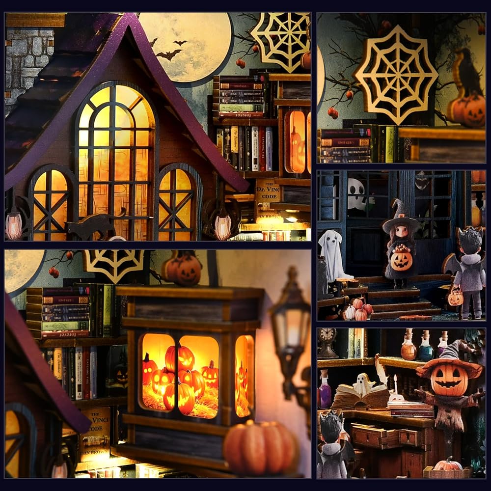 CRESYMME Miniature House Dollhouse Book Nook Kit Wooden DIY 3D Craft Halloween Castle Design