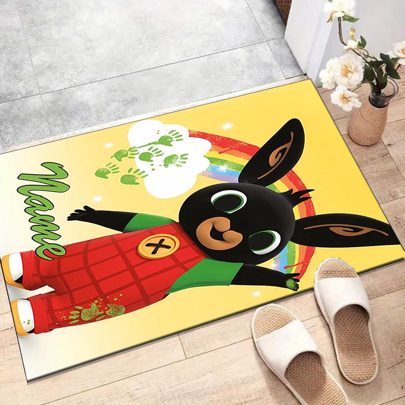 Custom Bing Bunny Mat Personalized Name, Polyester Washable Indoor Entryway Rug, Gift for Christmas, Easter, Thanksgiving Day