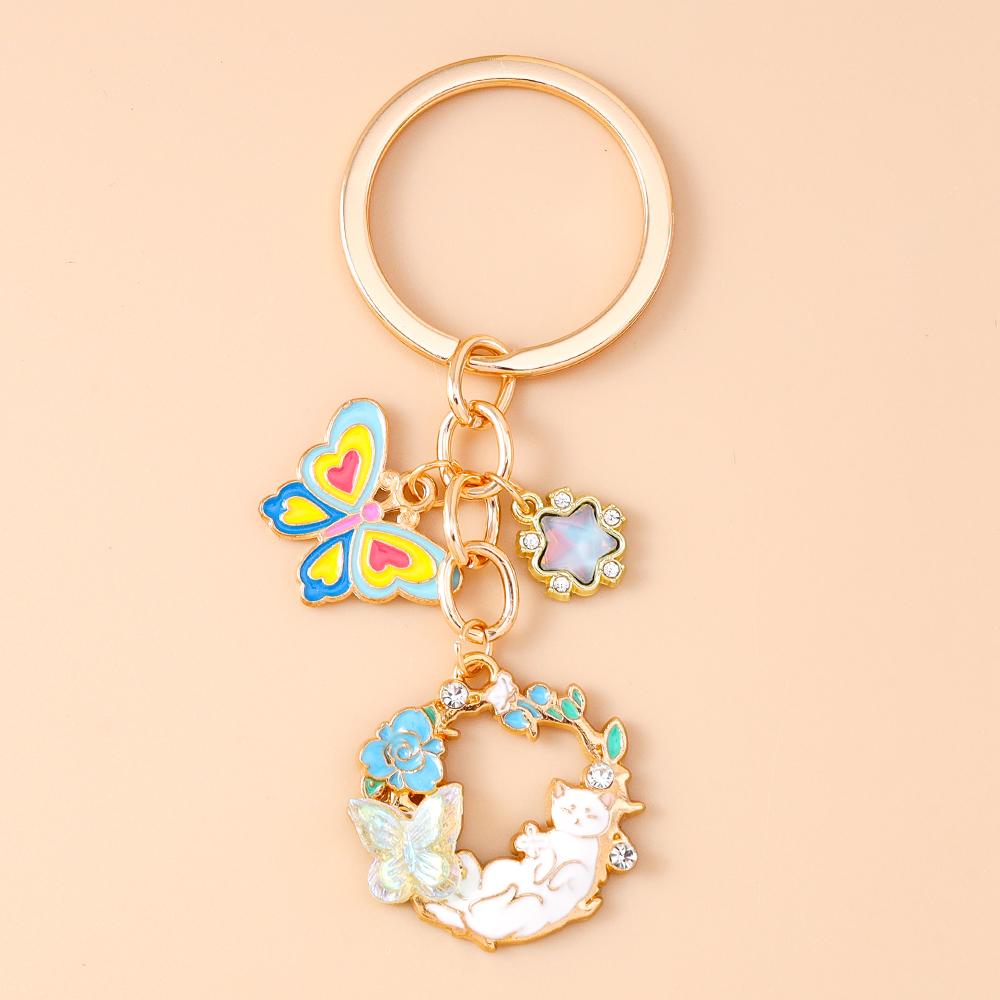 Pretty Flower Wreath Keychain Women Girls Cat Rabbit Butterfly Key Ring Pendants for Handbag Decor DIY Key Chain Jewelry Gifts