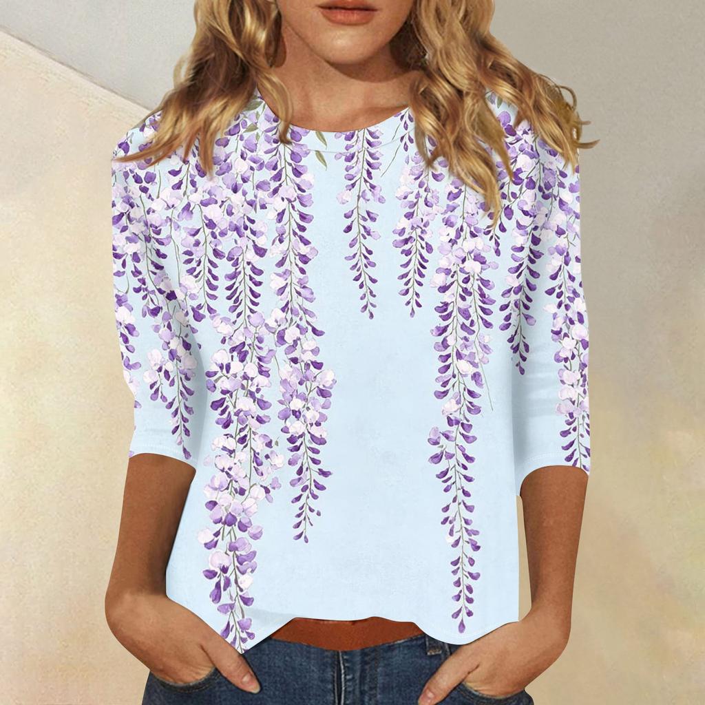 Women's Casual Three Quarter Sleeve Floral Print Crew Neck Top Loose Fit Lightweight Pullover Blouse for Daily Wear