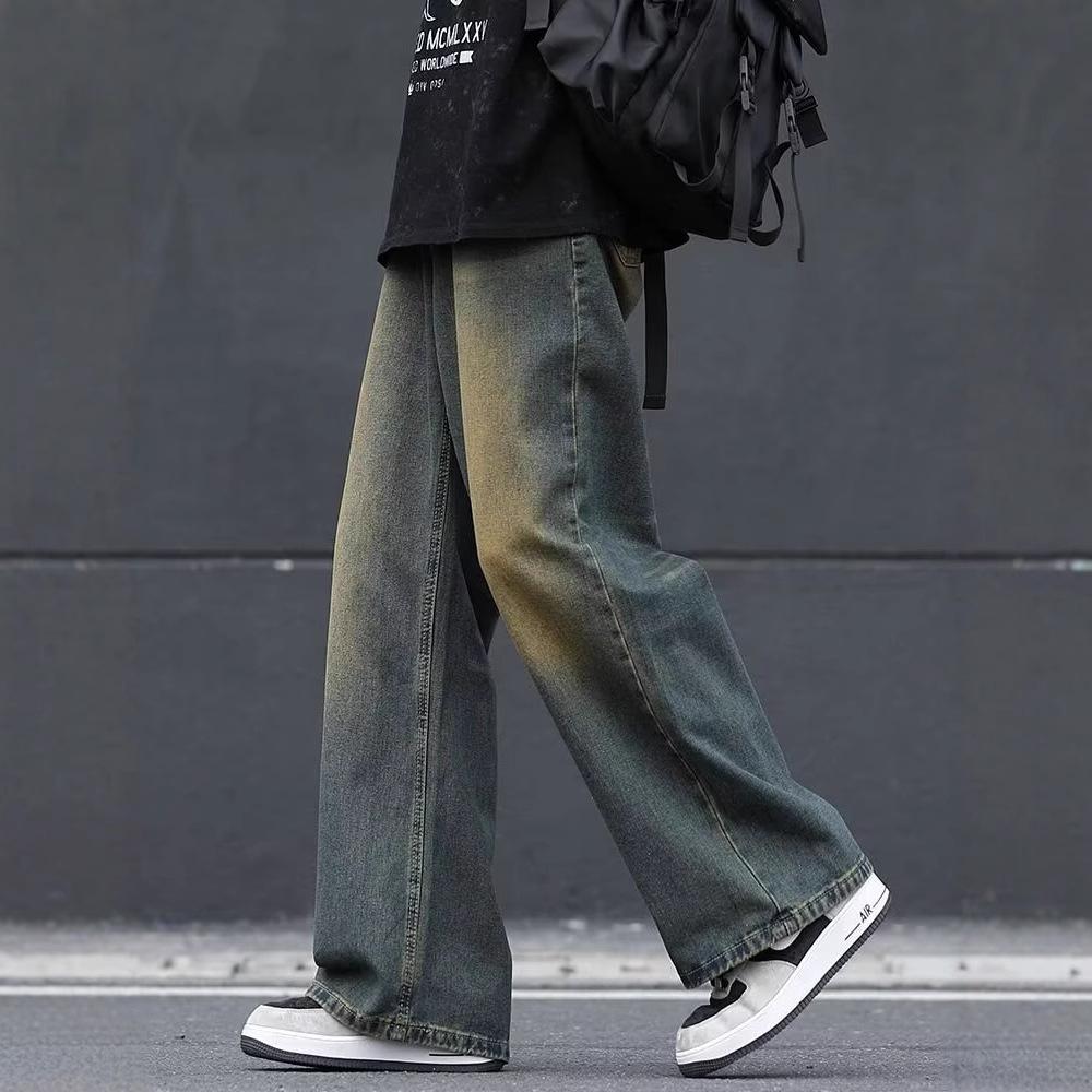 Frühlings- und Herbst Herren Locker Gerade Jeans Schwerer Sandwaschung Retro Lässige Jeanshosen Herren