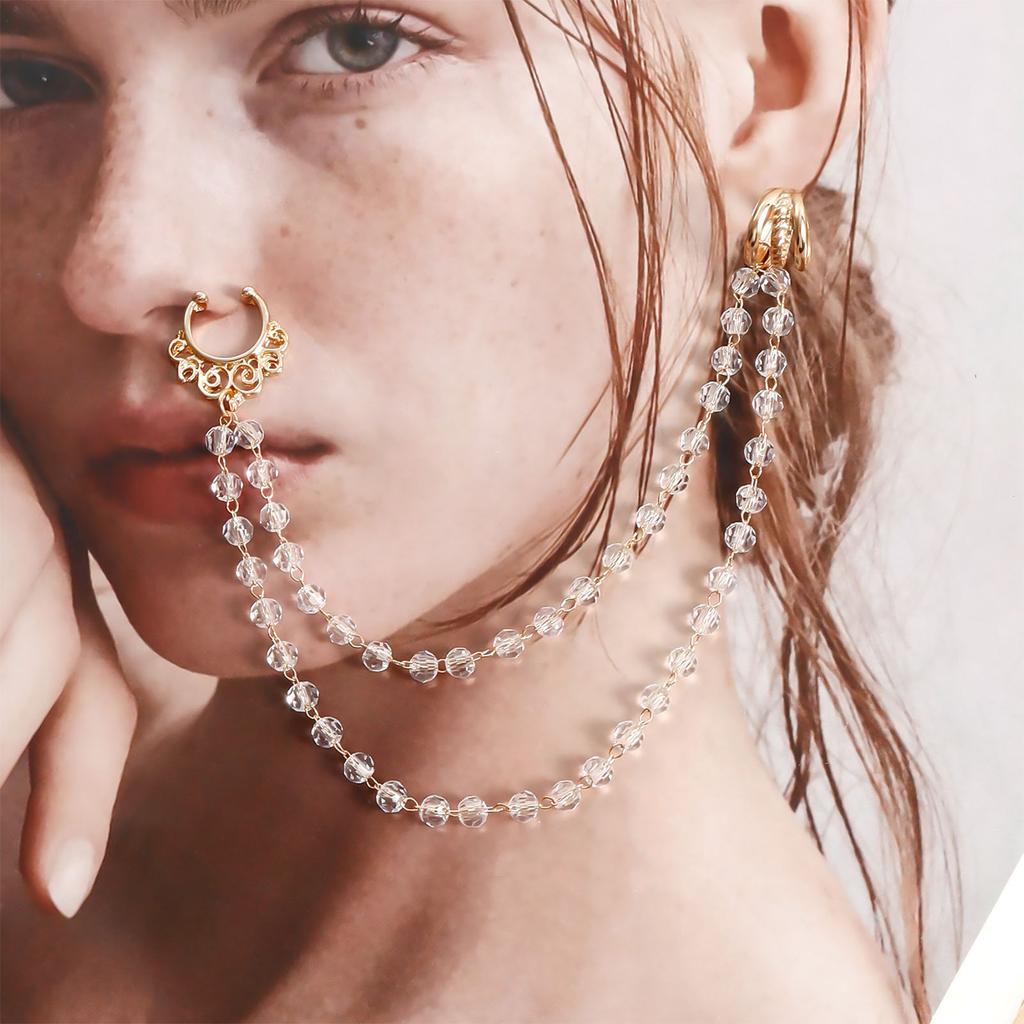 Women Nose with Chain Ethnic Double Layer Lightweight Nose to Ear Chain for Wedding Party Stage