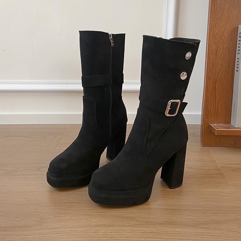 

Atmosphere Super high and waterproof table thick heel thin boots women s small fashion versatile pointed belt buckle medium boots 34 чёрный