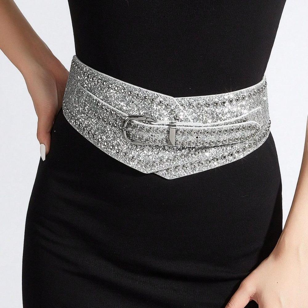 Versatile Wide Belt Bling Bling Coat Sweater Cummerbund Sparkling Rhinestone Waist Belt For Women серебряный