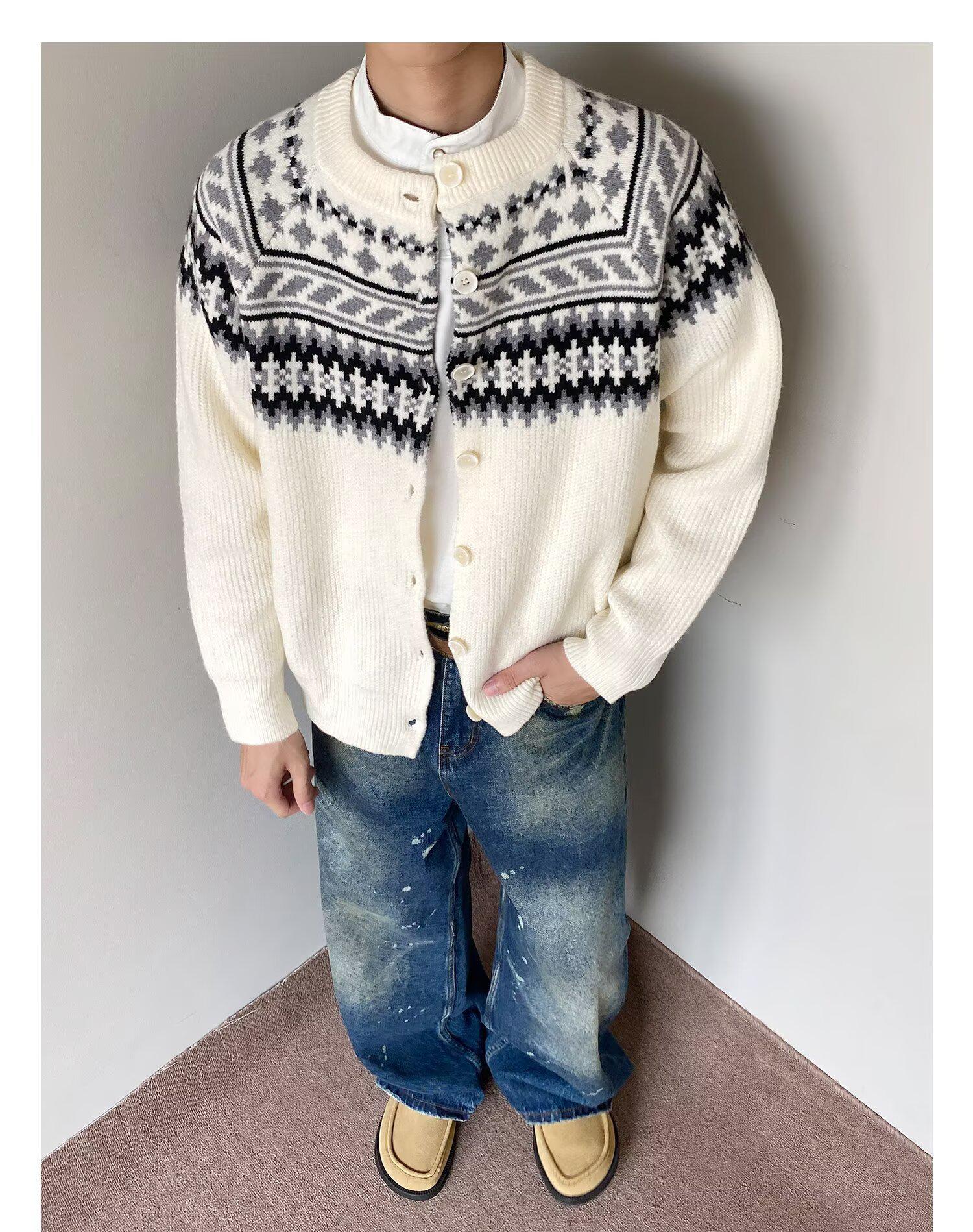 Унисекс Кардиган с пуговицами в стиле Фэйр-Айл - Осенне-Зимний Ретро Этнический Вязаный Трикотаж L