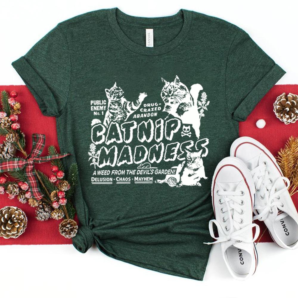 Funny Cat T Shirt Catnip Madness Cute Cat Shirts Funny Shirt with Cats Crazy Tee Cool Graphic T Shirts Vintage Kitten Tees