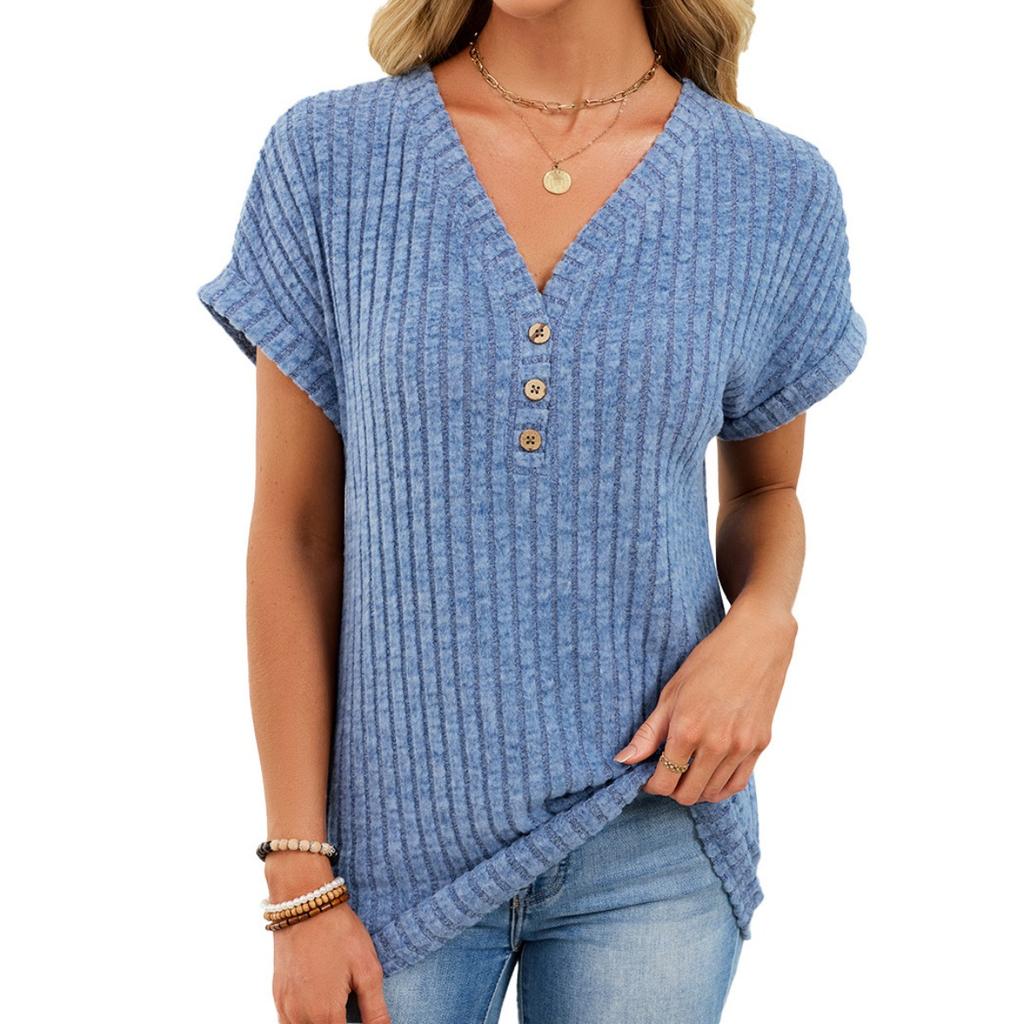 Summer Spring Women's Solid Color V-neck Button Short Sleeve Casual Knit T-shirt