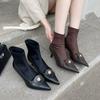 New French Retro Camellia Pointed Short Boots Women's Elastic Thin Boots Thin Heel High Heel Women's Boots