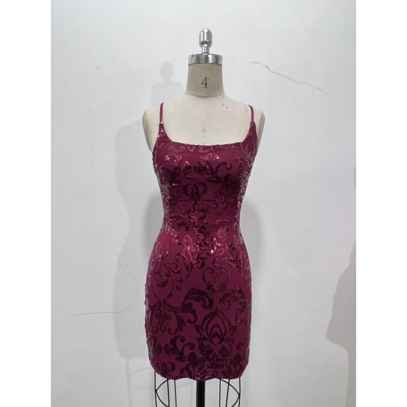 Damen Sexy Pailletten Spaghettiträger Bodycon Slim Fit Mini Abendkleid