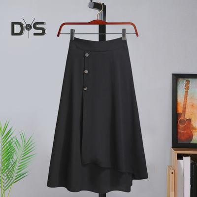 High-Waisted Midi Skirt Buttons Decor Irregular Large Hem A-Line Skirt Solid Color Summer Thin Skirt
