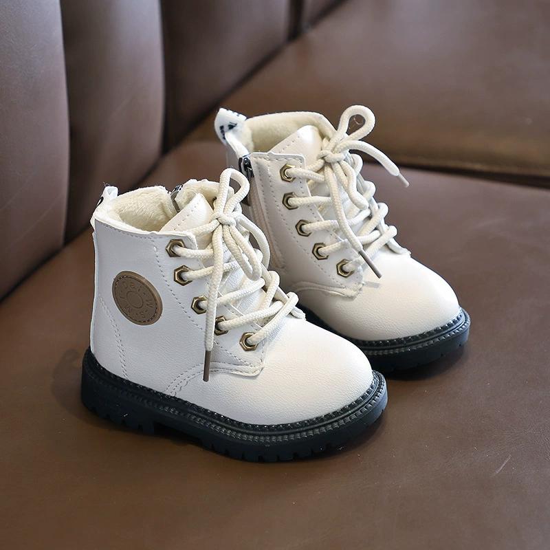 Autumn Winter Children Boots Boys Girls Leather Martin Boots Plush Fashion Waterproof Non-slip Warm Kids Boots Shoes