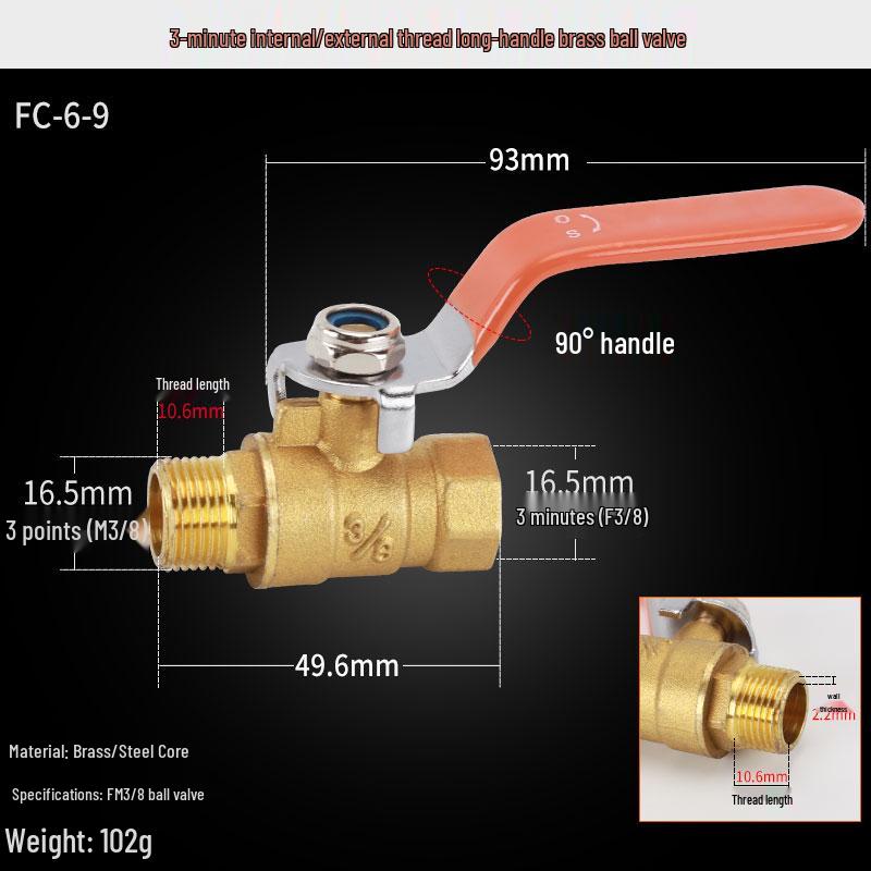 Copper Ball Valve, Female to Male, Multiple Thread Sizes, Quick Open Long Handle for Tap Water Pipe.