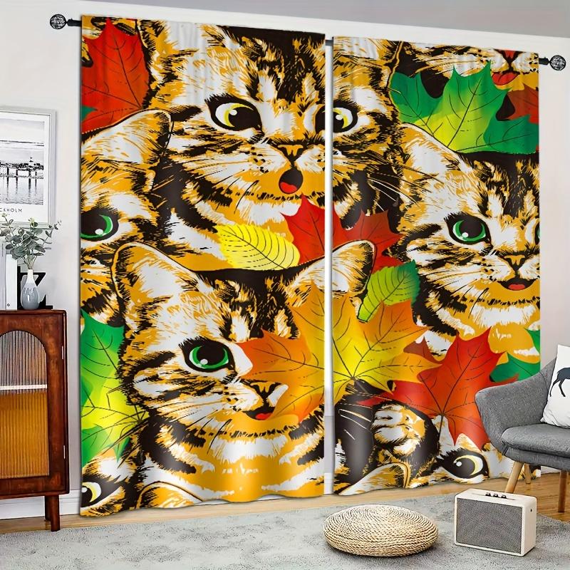 2pcs Medieval Abstract Cat Kitchen Curtains Tiers Funny Cute Animal Bohemian Leaves Modern Minimalist Art Office Cafe LivingRoom