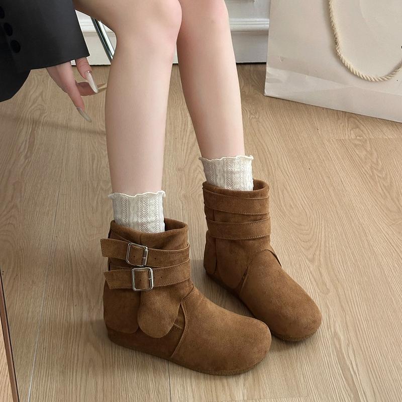 Fashion Suede Booties Autumn New Round Toe Sleeve Metal Buckle Non-Slip Wear-Resistant Flats