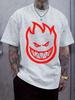 Flame Graphic T-shirt - Casual Crew Neck Short Sleeve Tee with Bold Red Devil Smile Print