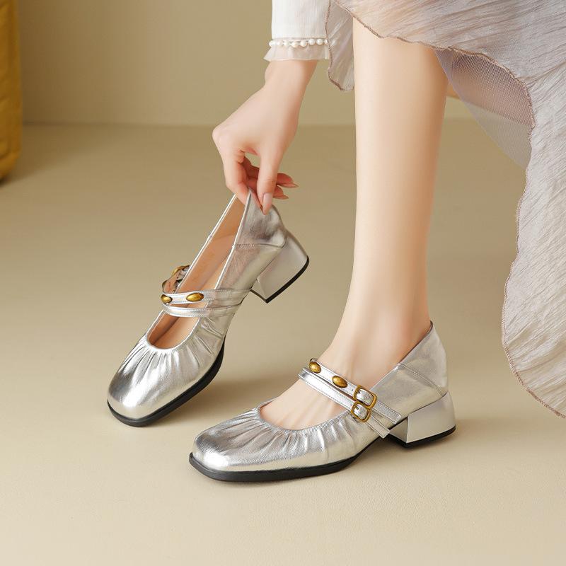 Augustine silver Mary Jane shoes women's 2025 new summer wear French thick heel with skirt light mouth single shoes