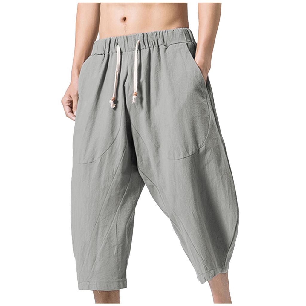 Men's Lazy Loose Cotton Hemp Harlan Pants Elastic Waist Drawstring Casual Pants