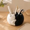 Decorative Makeup Brush Holder 3D Printed Cat Pen Holder, Cute Sleeping Kitty Stationery Organizer, 2-in-1 Modern Desk Storage for Brushes Desktop