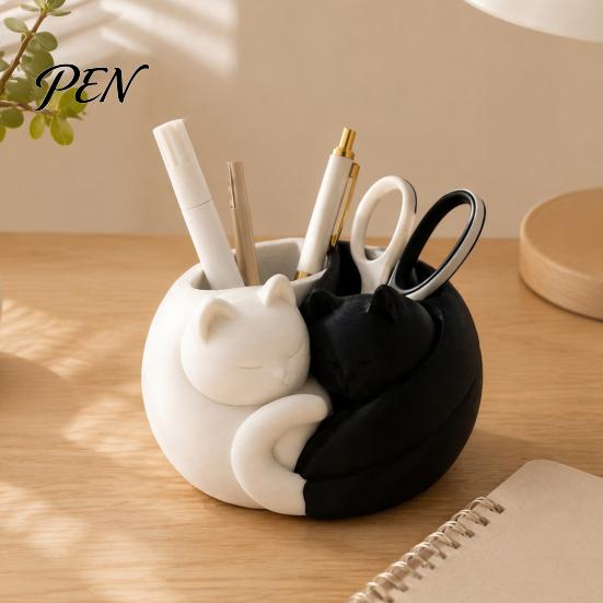 Decorative Makeup Brush Holder 3D Printed Cat Pen Holder, Cute Sleeping Kitty Stationery Organizer, 2-in-1 Modern Desk Storage for Brushes Desktop