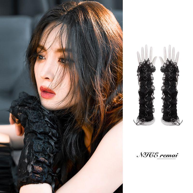 

Black Lace Lace-up Gloves JK Lolita Young Adult Oversleeves Sexy Retro Photo Taking Props Arm Sleeve Long Black Lace Black Strap-Nazha Same One size