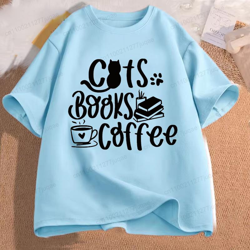 Kočky Knihy a Káva Móda Pánské Tričko Topy Krátký Rukáv Trička Čtení Knih Tričko Milovník Kávy Tričko pro Muže Oblečení