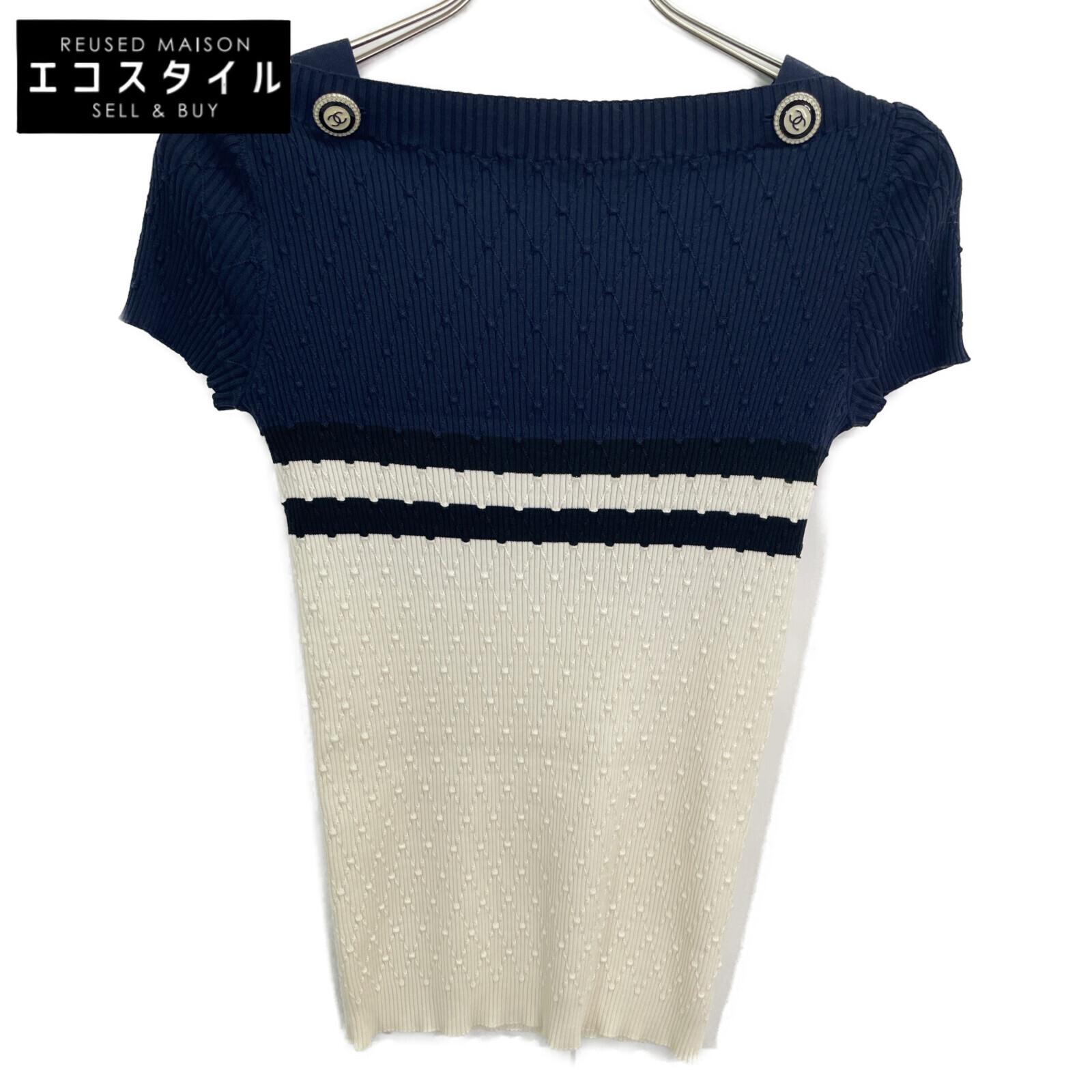 

CHANEL Navy x White P53627 Short Sleeve Knit Top tops 34 Navy x whiteUsed