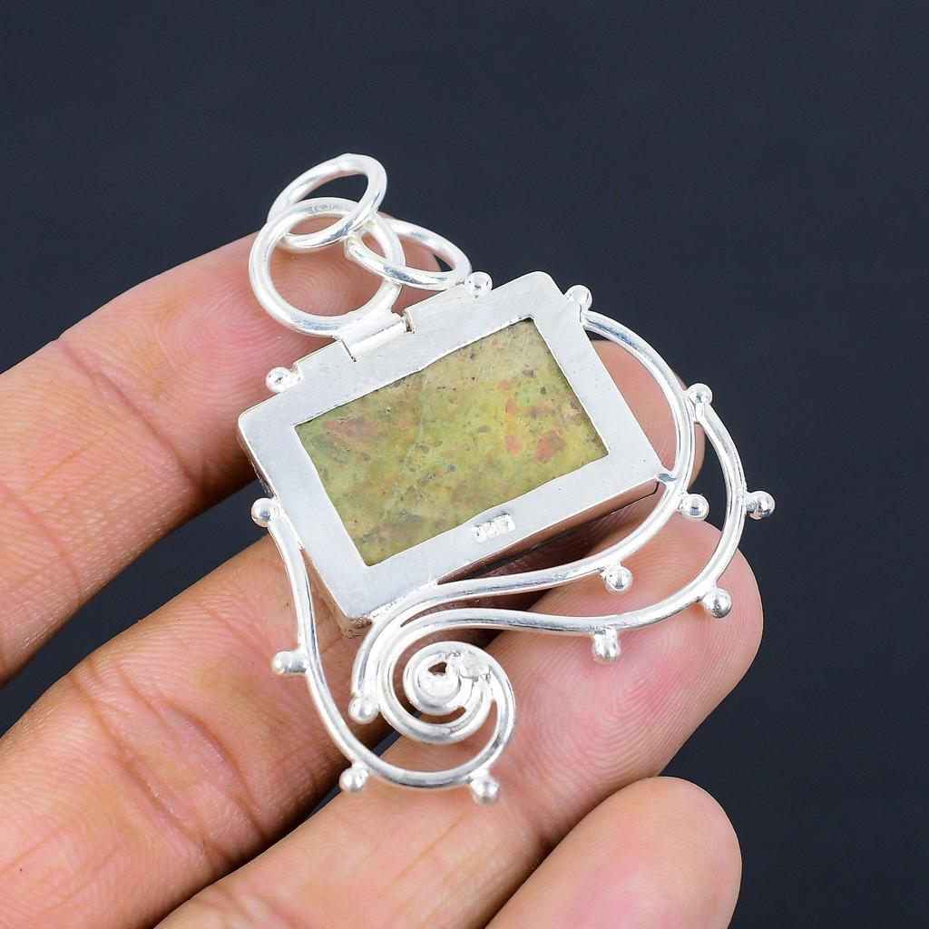 925 Silver Rectangle Unakite Gemstone Elegant Bezel Daughter Birthday Pendant