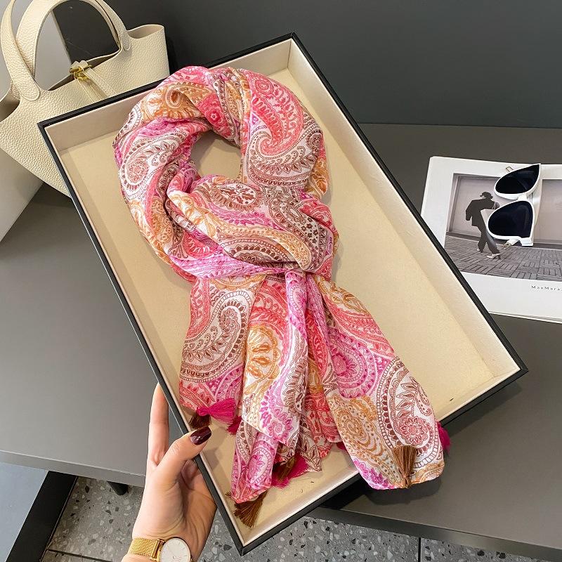 Spain Luxury Fashion Floral Dot Tassel Viscose Shawl Scarf High Quality Wrap Thin Pashmina Stole Bufandas Muslim Hijab 180*90Cm