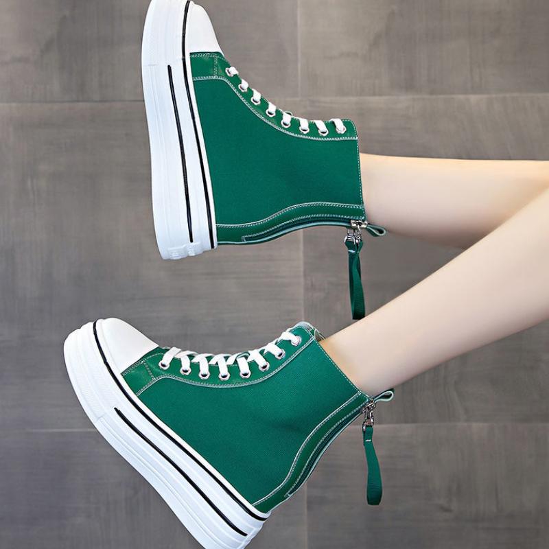 Women'S Thick Soled Sneakers New Slope Heel 8Cm Height Increase Women'S Zipper Breathable Casual High Top Canvas Shoes