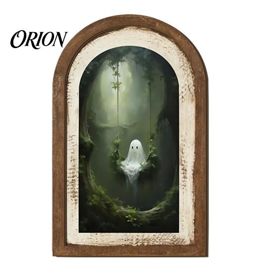 Halloween Spooky Decorative Sign Ghost Wall Decor, Cute Table Sign, Vintage Arch Framed Fall Season Accent Picture, Art for Mantel Living Room Bedroom