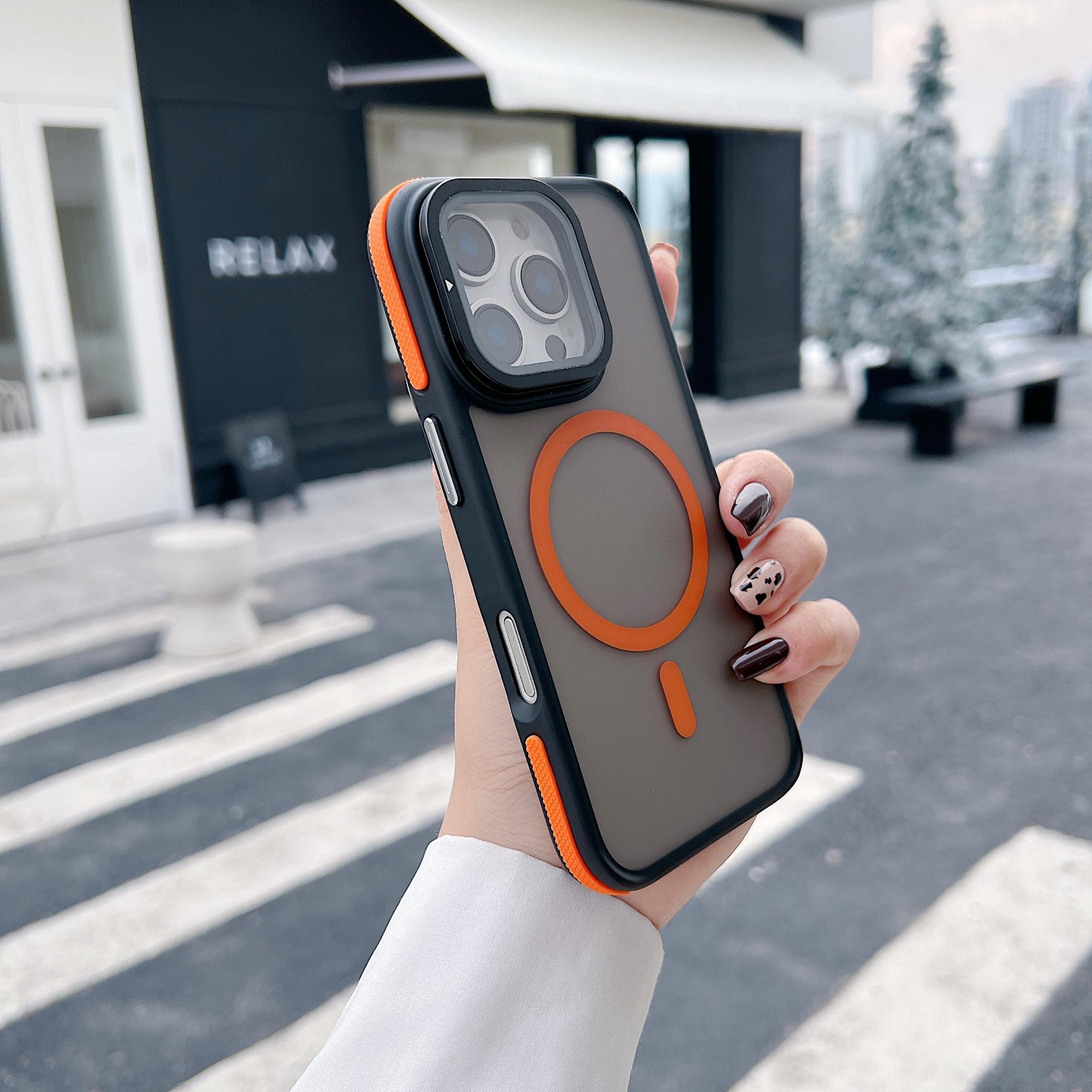 

For iPhone 16 Pro Max Magnetic Case Skin-Touch TPU Acrylic Phone Back Cover with Lens Protector Kickstand Orange