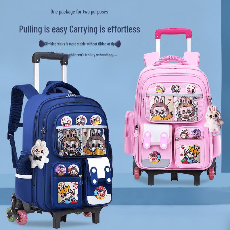 Cartoon Trolley Backpack for Grade 2-6 Students - Large Capacity Schoolbag for Boys & Girls