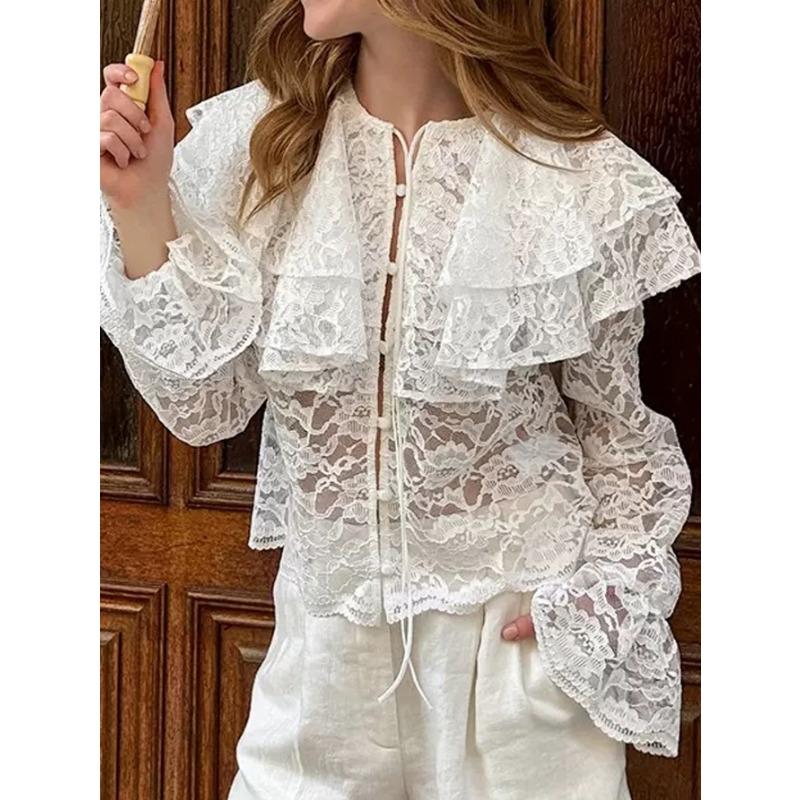 Women S Lace Long Sleeve Double Layer Collar Shirt Elegant Commute