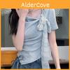 Dopamine Summer Fashion Short Sleeve T Shirt With Bow Tie And Asymmetric Pattern For Women