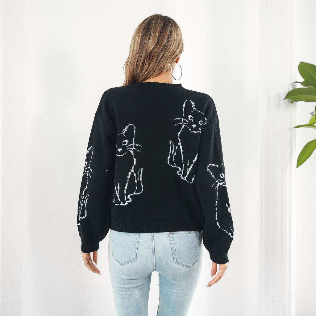 GMXIA Damenmode, lässig, Kätzchen-Druck, Herbst-Winter, langärmelig, halber Rollkragenpullover, lose Pullover