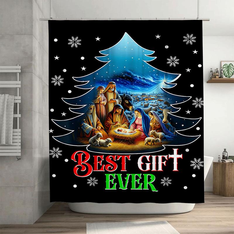 

Religious Christmas Shower Curtain With Nativity Scene Under Blue Tree, Best Gift Ever Text For Meaningful Holiday Decor W60H190(CM)-1 Pcs