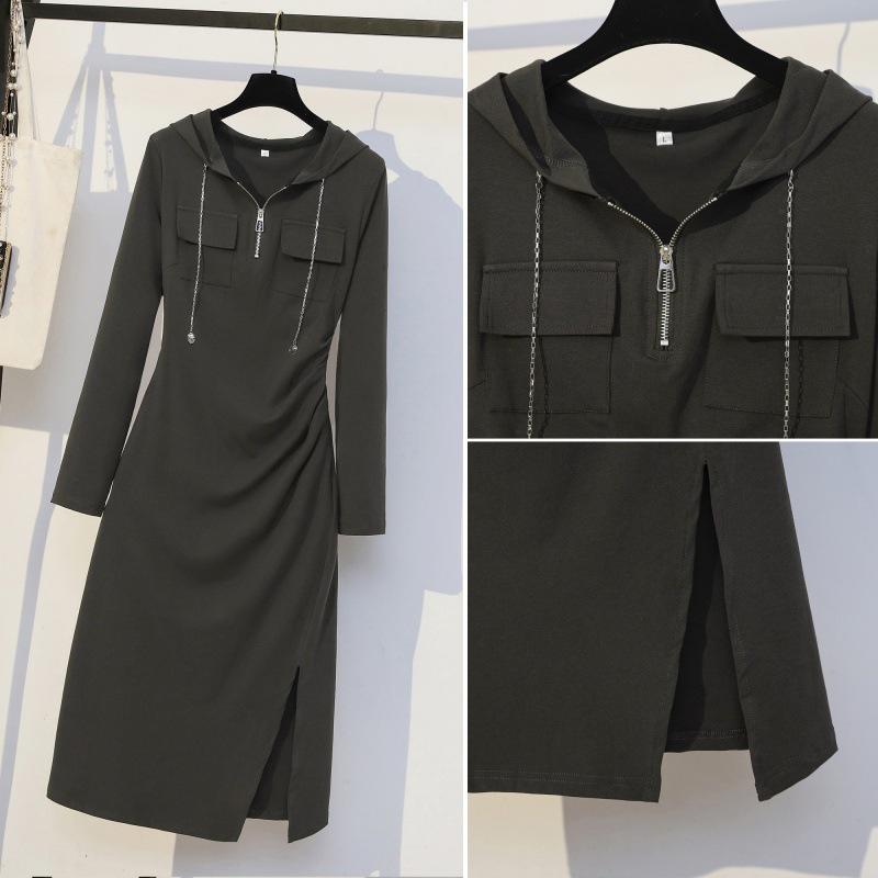 2023 Autumn Hooded Zipper Slit Dress for Women - Large Size, Slimming, Belly-Covering, Age-Reducing Style