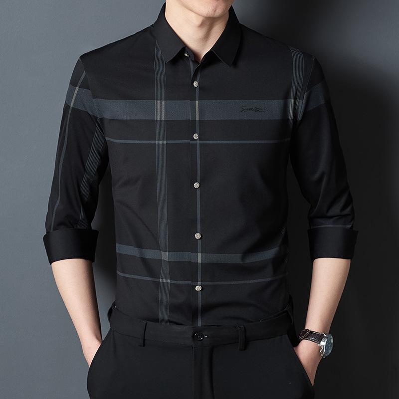 2023 Men's Long Sleeve Stretch Plaid Shirt - Wrinkle-Resistant, Non-Iron, Business Casual Striped Design