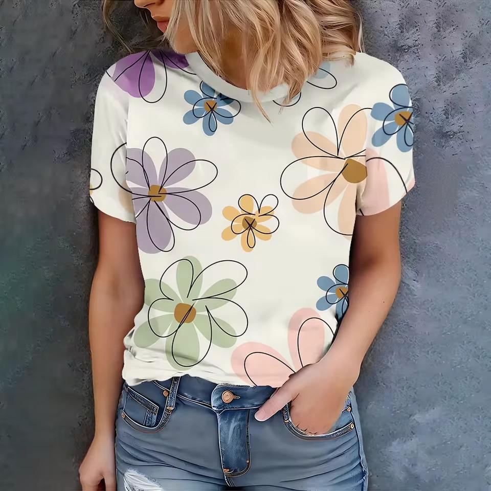 Summer Simple Fresh Style Flower Patter Women Fashionable Comfortable Loose Large Size T-shirt