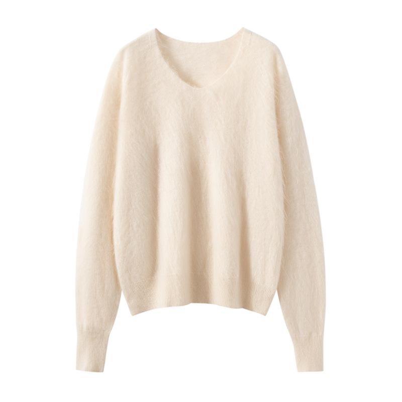 100% Pure Cashmere V-Neck Women's Loose Fit Brushed Knit Sweater - Long Sleeve Autumn/Winter Fashion Jumper